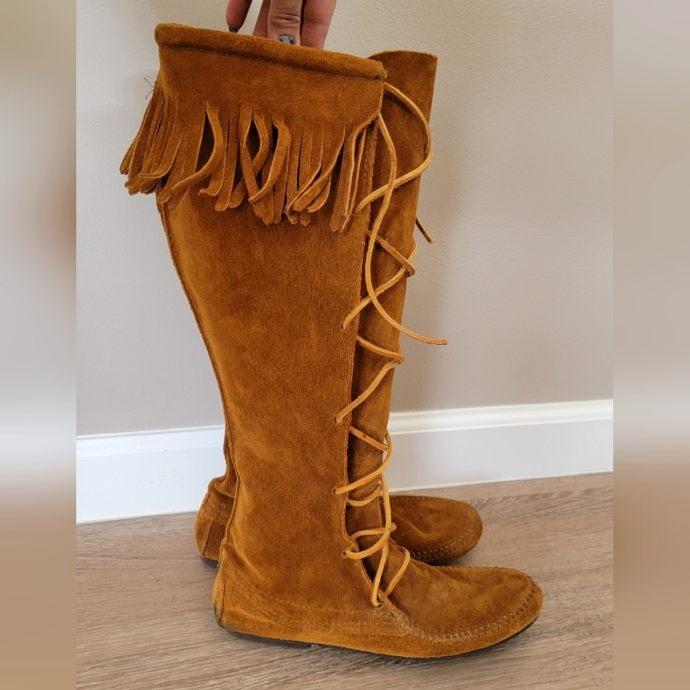 Suede Leather Knee High Moccasins size 8